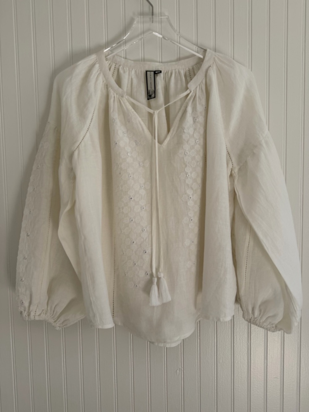 Scarlett Poppies Embroidered Linen Bishop -Sleeve Top White